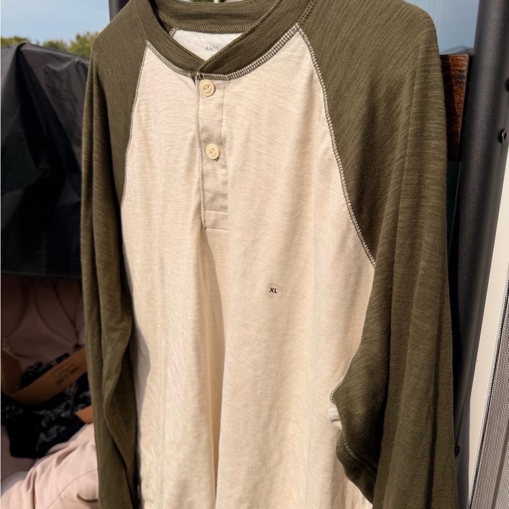 American Eagle Outfitters Men's Long Sleeve Shirt - Cream and Olive - Picture 3 of 6